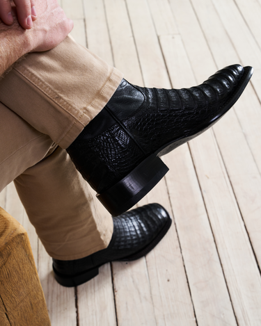 Men’s Tecovas William cowboy boots in midnight black caiman leather with western-stitched shaft and classic square toe at 6Whiskey at six whisky bryan college station texas