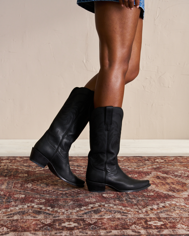 Women’s Tecovas Annie cowboy boots in midnight black calfskin leather with tall shaft, western stitching, and pointed toe at 6Whiskey six whisky bryan college station