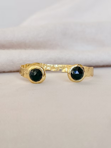 Gem Cuff - Black Onyx, misty cuff, at 6Whiskey, six whisky, gold bracelet, hammered metal, circular gemstone, black stone, adjustable, rodeo, country concert, SEC, everyday, stackable bracelet, timeless, classy, chic, elevated, front view