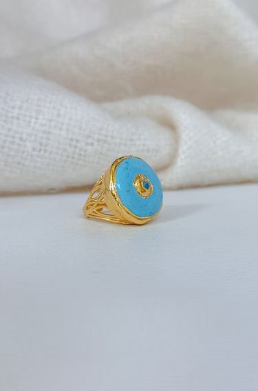 Turquoise Orb Ring at 6Whiskey, six whisky, gold, openwork detailing, artisan, craftsmanship, elevated, elegant, timeless, classic western, Santa Fe, southwest style, texas, southern, rodeo, country concert, bold ring, eye-catching, unique, light blue, front view