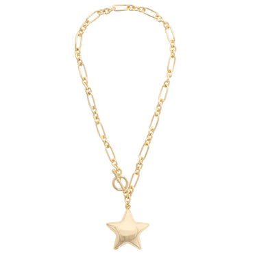 Star Toggle Necklace at 6Whiskey, six whiskey, chunky chain, toggle closure, adjustable, puffy large star charm, statement piece, country concert, rodeos everyday, fashion, women's accessories, gold modern western necklace, bold, playful, standout, eye-catching, standalone necklace, charm, southern, SEC sorority girl, front view