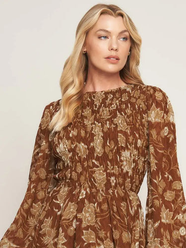 Golden Meadow Smocked Dress at 6Whiskey, six whisky, high neck, smocked from tan back, balloon sleeves, long sleeve, short dress, mini dress, layered, flowy, moves with you, casual western, transition piece, fall, spring, winter, church dress, rodeo, country concert, night out at stockyards, breathable, standalone, brown base, light brown beige, ivory, cream, white florals, vintage floral, botanical, front view