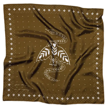 Feel the Fear Bandana by Jenni Earl at 6Whiskey, six whisky, brown, stars, crosses, squares, serpent snake, winged bird, hand drawn, elevated western, chic, edgy, it girl, cool girl, grit, refined, rodeo, country concert, everyday, bag accessory, hat accessory, neck accessory, front view