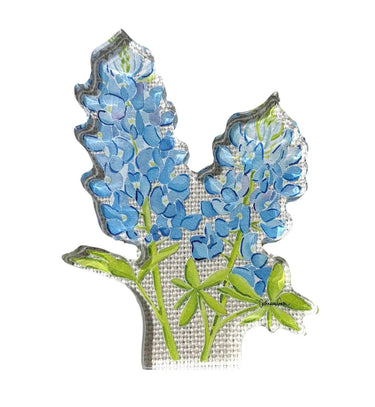 Large Bluebonnet Acrylic Block by Catherine Cartie at 6Whiskey, six whisky, blue, green, flowers, die cut, clear, grit, lone star, texas, southern, classy, elegant, timeless, gift idea, home decor, art, shelf, coffee table, centrepiece, front view.