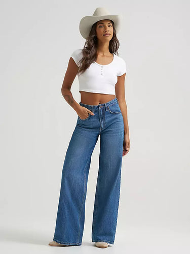 Bailey Wide Leg Jeans by Wrangler at 6Whiskey, six whisky, comfort, no stretch, rodeo, concert, errands, work, casual western, everyday, versatile, effortless, durable, stylish, women's fashion, women's clothing, blue jeans, denim, medium wash, flattering, W stitching, 5-pocket design, wrangler roping logo, belt loops, front view