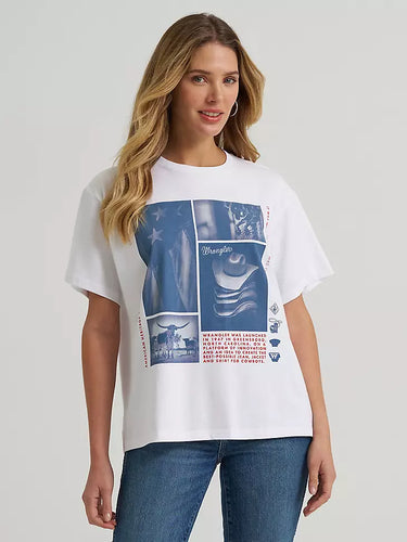 Western Collage Graphic Tee by Wrangler at 6Whiskey, six whisky, short sleeve, crew neckline, soft, comfortable, casual, western, laid back, effortless, everyday, errands, at home, weekend to weekday, lightweight, summer, spring, navy blue, vintage, red lettering, cowboy hat, longhorn, flag, front view