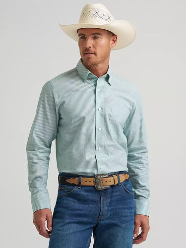 Moss Stripe men’s button down by Wrangler at 6Whiskey, six whisky, Cody Johnson One pocket button down shirt, hidden button collared, front pocket, long sleeve, stripped, light green, blue green, airy, breathable, summer, spring, pop of solar, transition top, refined, texas, spirit of the west, classic western, Cody Johnson logo on cuff, cuffed, front view