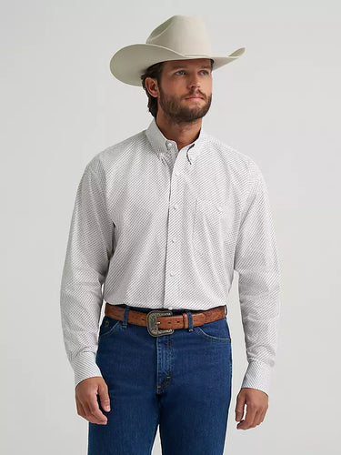White Waves Classic Western Shirt by Wrangler at 6Whiskey, George straight one pocket button down shirt, neutral, white, long sleeve, white, waves, geometric, dotes, rodeo, date night, country concert, dancing, adjustable cuffs, front view