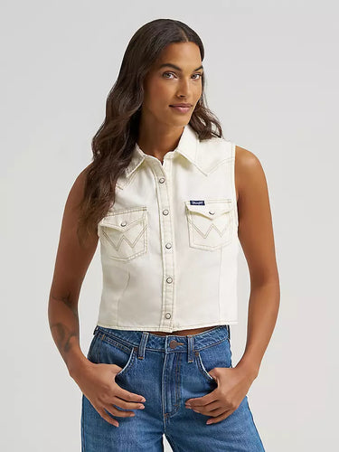 Ivory Cowgirl Snap Vest by Wrangler at 6Whiskey, six whisky, womens sleeveless denim snap shirt, dual front flap pockets, wrangler stitching logo, front placket, wide collar, tank, cropped, texas chic, western modern, versatile, summer, spring, warm weather, gameday, rodeo, concert, lunch, everyday western, comfortable, front view