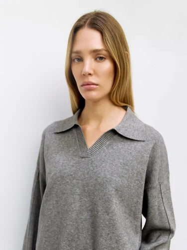 Weekender Collared Knit Sweater at 6Whiskey, six whisky, Delilah sweater, long sleeve, grey, piping, ribbed detailing, Johnny collar, soft, cozy, comfortable, casual, work outfit, women's fashion, basic, must-have, layer piece, year-round, relaxed fit, oversized, classic, loungewear, at home outfit, errands, lunch date, versatile, front view.