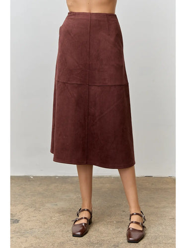 Chocolate Suede Midi Skirt at 6Whiskey, six whisky, side pockets, high waisted, paneling, lines, a-line, flattering, casual western, work wear, office outfit, womens fashion, flowy, fall, winter, transition piece, brown, dark brown, front view.