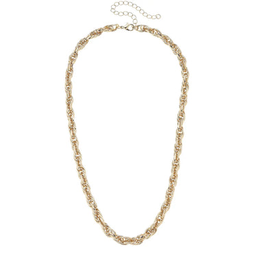 Twist Chain Necklace at 6Whiskey, six whisky, adjustable, womens accessories, womens fashion, layer necklaces, layer able, eye catching, sparkly, shiny gold, clasp closure, staple piece, must have. Front view.
