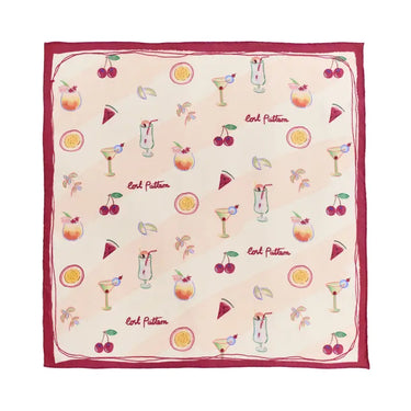 Happy Hour Silk Bandana at 6Whiskey, six whisky, cherries, watermelon, lime, cocktails, fruit, drinks, lost pattern, hand drawn, watercolor, magenta boarder, light pink background, summer accessory, spring accessory, neck, bag, belt loop, hair accessory, chic, feminine, playful, front view