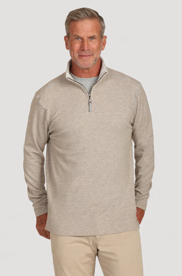 F1M51SKS Daybreak 1/4 zip in Soft Brown by True Grit at 6Whiskey, six whisky, quarter zip, beige, neutral tone, soft, comfy, comfortable, stretchable, office, golf, weekend, fall, winter, layer, work wear, cuffs, long sleeve, moisture wicking, performance shirt. Front view.