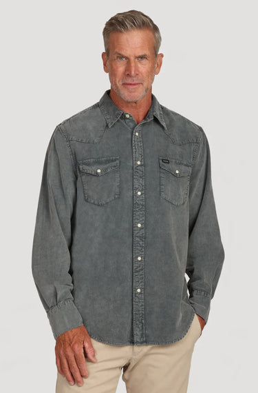 Frontier Cord in Charcoal by True Grit at 6Whisky, six whisky, Jackson cord western shirt, pearl snap closure, button-down, button-up, long sleeve, distressed wash, vintage, elevated western, rodeo, date night, western yoke stitching, collared. Front view.