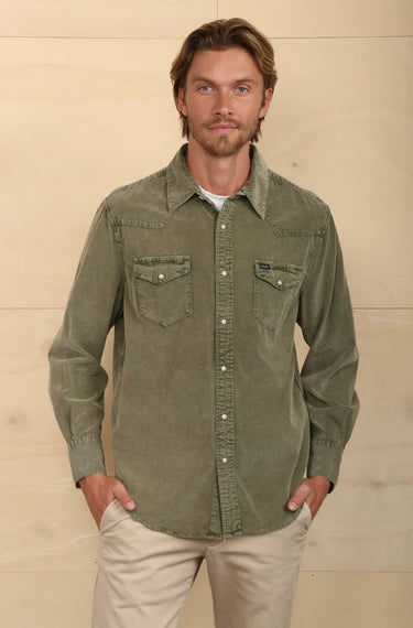 Frontier Cord in Plantoon Green by True Grit at 6Whiskey, six whisky, Jackson cord western shirt, button down, button up, collared, vintage western, casual western, pearl snap closure, front pockets, snowcap garment dye and wash. Front view.