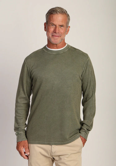 Heritage Crew in Agave Green by True Grit at 6Whiskey, six whisky, crewneck, long sleeve, stitch detail, comfortable, versatile, casual western, durable, stretchable, soft, jackson ultra soft ribbed knit, fall essential, layer piece, Front view.