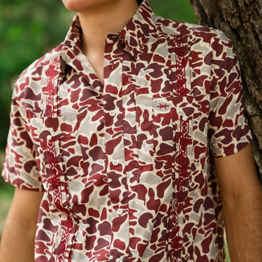 Guayabera Libre by Texas Standard at 6Whiskey, six whisky, zipper pocket , unique embroidery, button down dollar, moisture-wicking/breathable, UPF 40, mesh-lined, maroon, white, gameday, aggies, texas a&m, tailgate, SEC gameday. Front view.