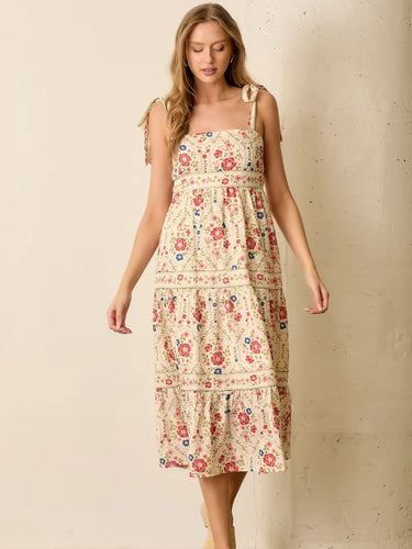 Saddle Bloom Maxi Dress at 6Whiskey, six whisky, pattern change, tiered, straight neck, tie bow detail, flowy, breathable, summer, spring, feminine, casual, western, vintage floral, rodeo, country, lunch, brunch, everyday warm weather dress, modest, women's fashion, modern casual western, southern charm, pink, blue, green, beige, yellow, front view