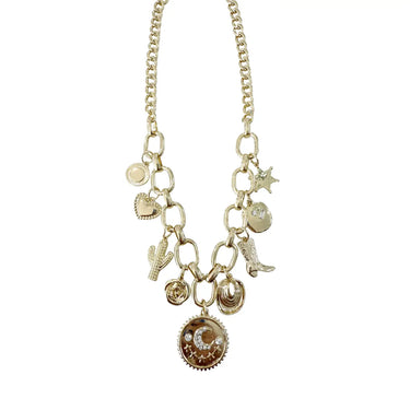 Giddy Up Charm Necklace at 6Whiskey, six whisky, chunky, alternating chain, gold, shiny, heart, cactus, rose, cowgirl boot, sheriff star, circle pendant, moon, stars, rhinestone, bold, playful, western, modern, elevated, chic, rodeo, concert, errands, sec sorority girl, texas, southern, Santa Fe, trendy, front view