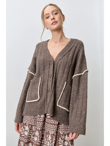 Cottage Stitch Cardigan at 6Whiskey, six whisky, long sleeve, soft, cozy, oversized, western, neutral, western casual, contrast piping on hem and front pockets, large buttons, feminine, rustic, lunch date, errands, front view.