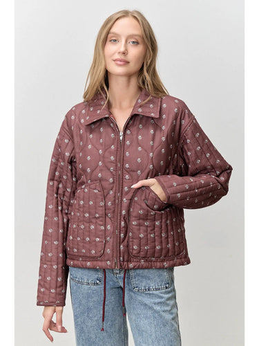 Rose Ranch Quilted Jacket at Whiskey, six whisky, mix match quilt, long sleeve, warm, lightweight, collar, zipper front, floral, espresso brown, muter brown, dark brown, layer, fall, winter, layering piece, western, casual, front view