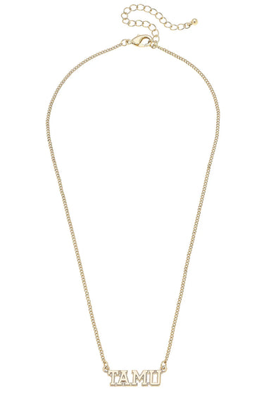 TAMU Gold Necklace at 6Whiskey, six whisky, 18k gold shiny plated, 16" with 3" extender, trendy, sleek, layer necklace, necklace, women's necklace, gameday, tailgate, game day, aggie, texas a&m, sporty, chic.