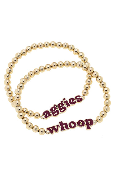 Slogan Ball Beaded Bracelet Set, 6Whiskey, six whisky, gold accessories, gold bracelet, stackable bracelet, aggies, aggie, tailgate, texas a&m, gameday, whoop. Front view.
