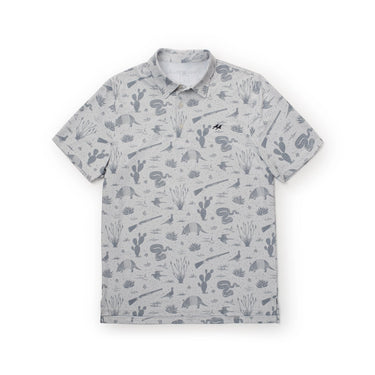 Tin Golf Cup Polo by Two Dove at 6Whiskey, six whisky, collared, short sleeves, relaxed fit, breathable, comfortable, soft, lightweight, moves with you, summer, spring, warm weather, texas, southern, preppy, polished, put together, stretchy, cactus, snake, guns, armadillo, grass, grey, gray, patterned, front view