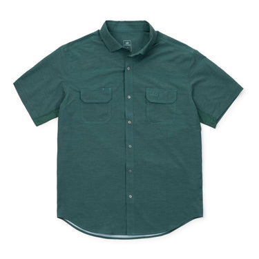 Rio Outdoor Button Down in Dark Teal by Two Dove at 6Whiskey, six whisky, collared, short sleeves, front button placket, dual front pockets, breathable, comfortable, lightweight, refined, rugged, elevated western, date night, outdoors, hunting, fishing, texas, country, dark green, greenish blue, ventilation at pits, sweat stain proof, front view