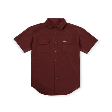 Rio Outdoor Button Down in Maroon by Two Dove at 6Whiskey, six whisky, front button closure, collared, short sleeves, dual front pockets, hidden sunglasses zipper, outdoors, durable, rugged, refined, casual western shirt, date night, ring day, aggie game day, texas a&m, sec gameday, tailgates, hot texas weather, men's gift, front view