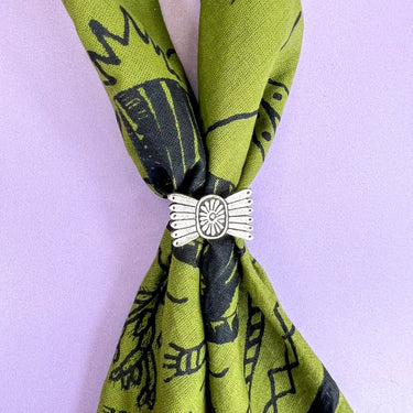 Southwest Bandana Bowtie Slide at 6Whiskey, six whisky, bandana accessory, scarf accessory, ring, sterling silver, etched lifework, sunburst centrepiece, eye-catching, western, modern western, trendy accessory, unique, artful, artisan, texas, lone star lifestyle, country, rodeo, country concert, front view
