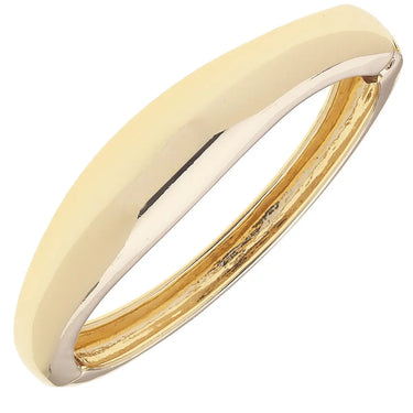 Gold Hinge Bangle at 6Whiskey, six whisky, curved shape, modern, timeless, gold bangle, womens bracelet, womens fashion, womens accessory, elegant, stackable, unique, trendy. Front view.