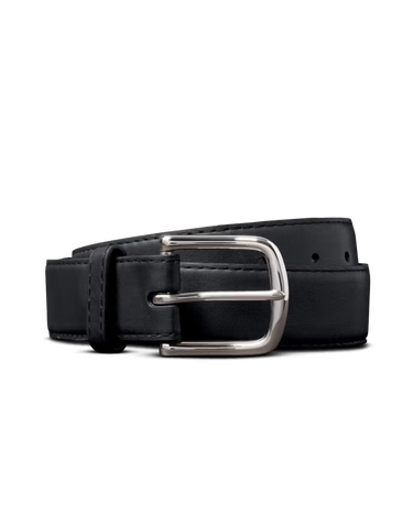 Men's Black Cowhide Belt by Tecovas at 6Whiskey, six whiskey, nickel-brass silver hardware, 5 holes adjustable, high quality leather, durable, western, elevated, elegant, sleek, day to night, casual or dressy, must-have, men's gift, accessory, leather belt, front view.