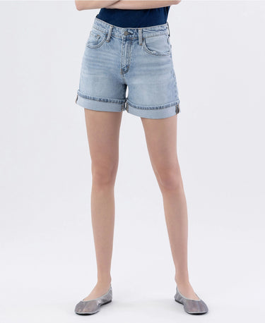 Front view of The Bluebonnet High Rise Cuffed Denim Shorts in light wash, styled for summer outfits at 6whiskey six whisky womens