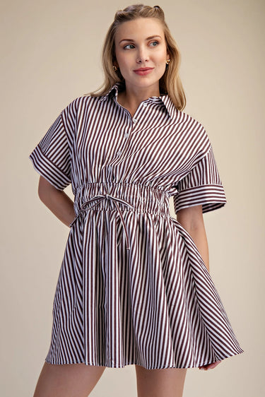 Easy Ride Stripe Dress at 6Whiskey, six whisky, short sleeve, vertical stripe, horizontal stripe sleeve, v-neck, short, flattering, feminine, chic, classy, lunch date, errands, casual outing, cinched waist, adjustable bow detail, button detail, southern charm, front view