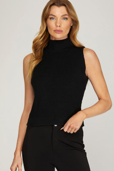 Black Sleek Rib Top at 6Whiskey, six whisky, mock neck, ribbed knit, tank top, sleeveless, edgy, cool girl, effortless, casual western, gameday, sec, tailgates, aggie, texas a&m, football. Front view.