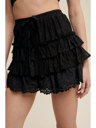 Black Lace Tiered Shorts at 6Whiskey, six whisky, bow detail, high waisted, scallop trim, lace, floral, vintage, edgy western, western, timeless, stylish, feminine, flirty, romantic, effortless, chic, layer, front view.