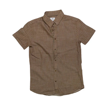 Willow Brown Short Sleeve at 6Whiskey six whisky A short-sleeve brown button-down shirt with subtle white vertical pinstripes, laid flat on a white background.