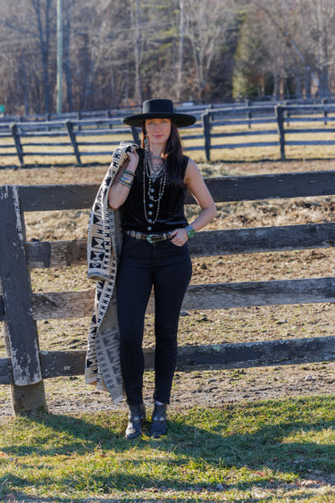 Shadow Vest by Tasha Polizzi at 6Whiskey, six whisky, della vest, sleeveless, concho buttons, turquoise, animal print, leopard print, fun, chic, unique, western, elegant, chic, layer piece, fall, winter, holiday, country concert, western event. Front view.
