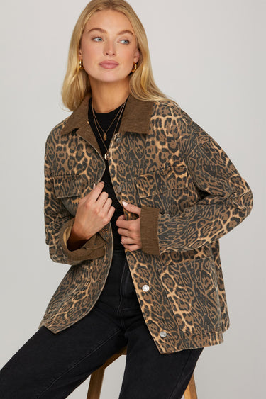 Cheetah Barn Coat, 6whiskey, six whisky, cool girl, effortless, edgy, corduroy lined, bold animal print, Botton closure, front pockets, layer piece, fall essential, aggies, gameday, tailgate, SEC, texas a&m. Front view.