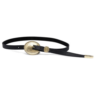 Bri Black Western Belt at 6Whiskey, six whisky, skinny black leather belt, genuine leather, gold hardware, 3 piece, adjustable holes, accessory, must have, western, heritage, grit, refined, lone star, texas, southern, front view.