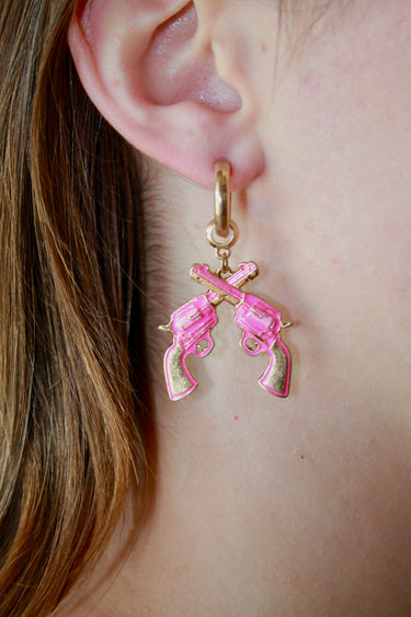 Revolvers Rodeo earrings 6 whiskey six whisky hot pink hoop jewelry