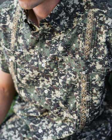 Field Camo Libre Shirt by Texas Standard at 6Whiskey, six whisky, gold embroidery texas flag inspired, camo print, front pockets, moisture wicking, wrinkle proof, breathable, lightweight, functional, rugged, country, western, casual, everyday, perfect men's gift, for him, fishing, hunting, field work, lake, collared, UF proof, mesh lined, front view.