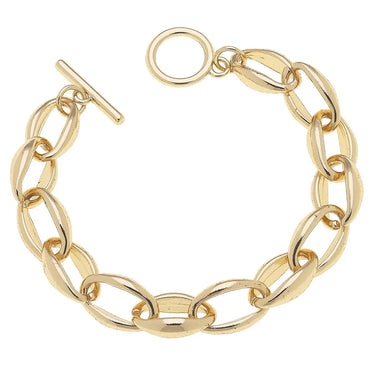 Chain Link Toggle Bracelet at 6Whiskey six whisky. Gold-tone chain link bracelet with oversized oval links and a round toggle clasp, displayed on a white background.