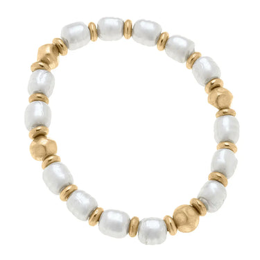 Pearl & Gold Stretch Bracelet at 6Whiskey six whisky. Stretch bracelet featuring alternating white baroque-style pearls and matte gold-tone beads, displayed in a circular arrangement on a white background.