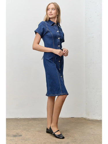 Lone Star Denim Dress at 6Whiskey, six whisky, flattering, midi length, color, front button closure, short sleeves, slim silhouette, feminine, casual, western, SEC gameday, aggie gameday, country concert, rodeo, lunch date, front view.