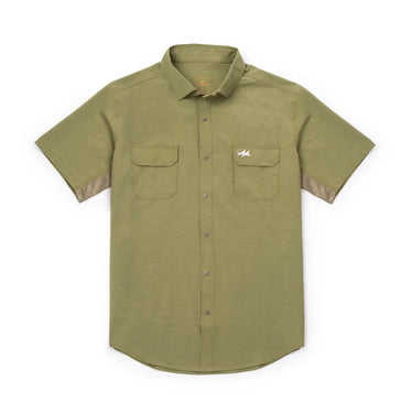 Rio Outdoor Button Down in Olive Green at 6Whiskey, six whisky, collared, short sleeve, front pockets, front placket, light green, western button down, casual western, outdoors, hunting, fishing, texas, long star, country, southern, texas, lone star style, men's gift, front view
