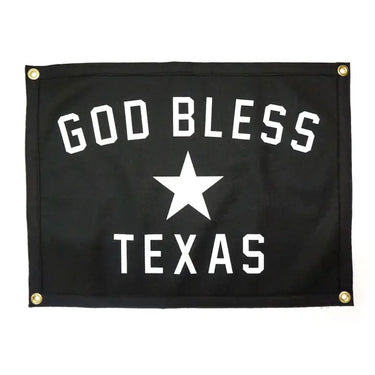 Texas Camp Flag at 6Whiskey, six whisky, black background, white block lettering, god bless texas lettering, star detail, lone star, south, texas pride, home decor, camp, office space, barn, porch, gift for him, wall decor, room decor, front view