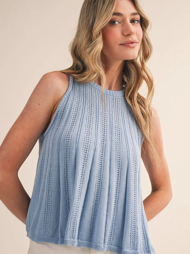 Breeze Knit Tank at 6Whiskey, six whisky, round neck, vertical open cut design, tank top, soft, comfortable, breathable, spring, summer, warm weather, flowy, airy, baby blue, soft blue, neutral, versatile, classy, polished, casual, western-inspired, rodeo, luch, beach, errands, everyday, versatile, front view